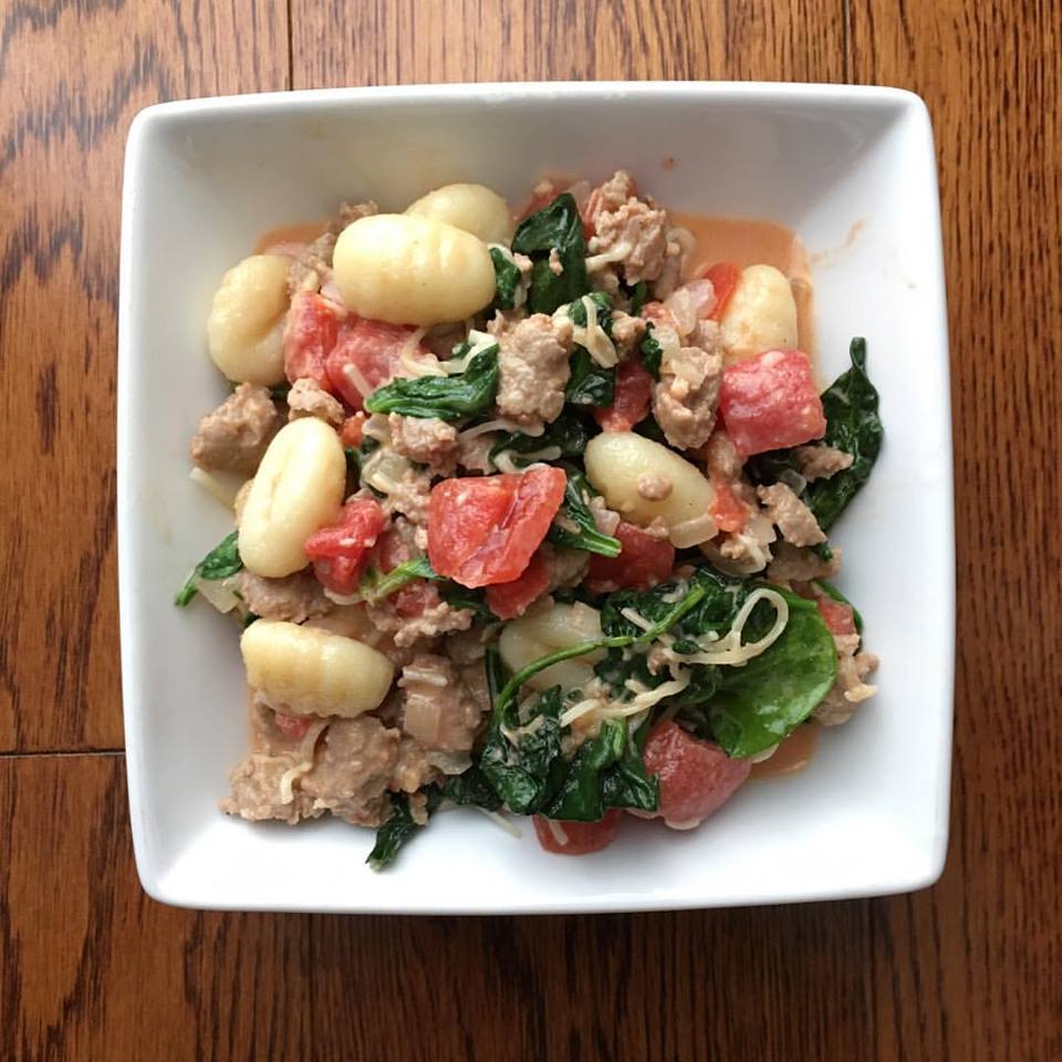 Simply Mangerchine Gnocchi with Turkey Sausage, Tomatoes and Spinach