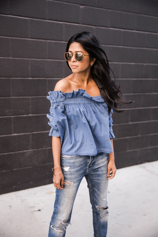 DENIM OFF SHOULDER - Walk In Wonderland