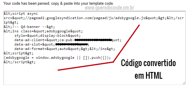 Código já convertido Código convertido Adsense