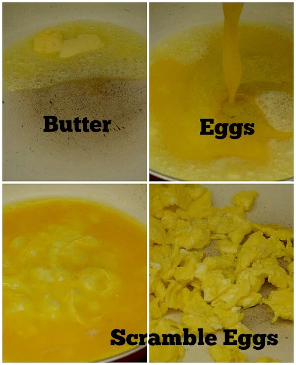 steps to scramble eggs- in a pan add butter,eggs and scramble eggs