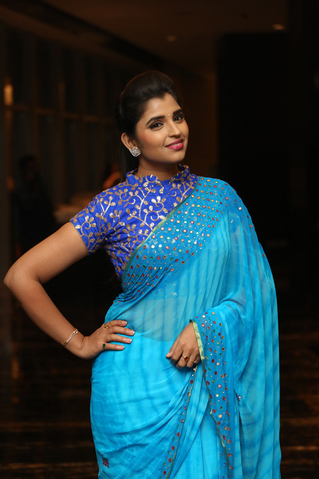 Anchor Shyamala Blue Designer Saree Stills