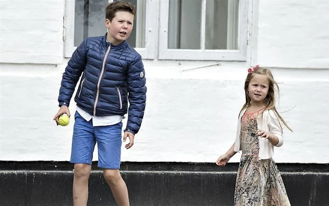 Crown Princess Mary, Crown Prince Frederik, Princess Josephine, Prince Christian, Princess Isabella, Prince Vincent. Crown Princess Mary wore SEA Sabine Dress