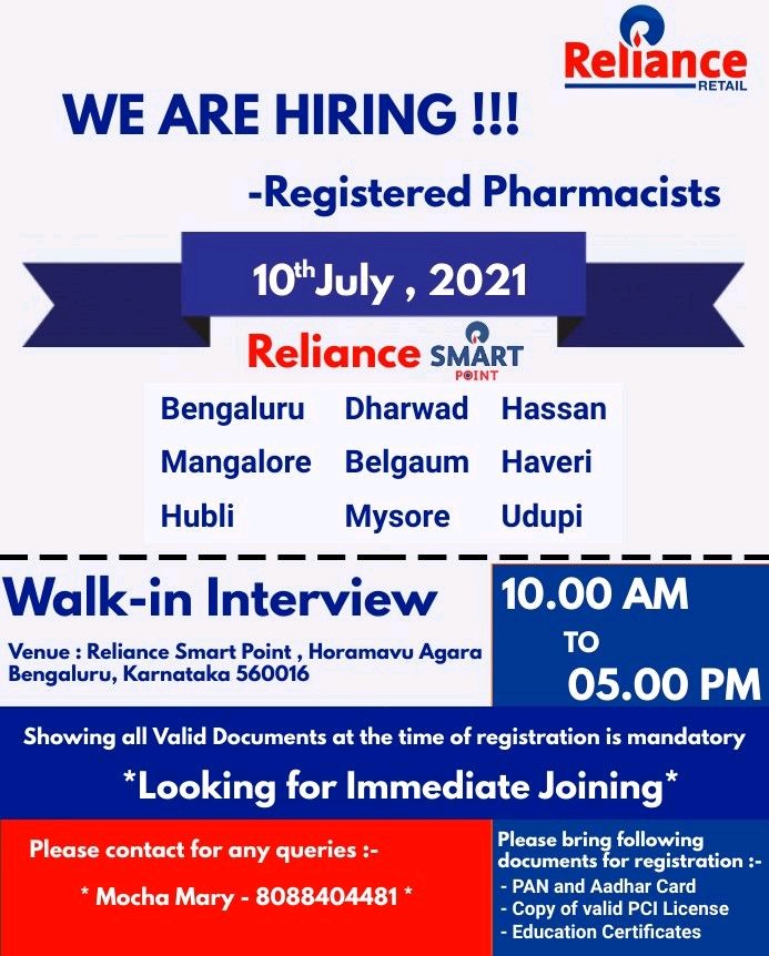 Reliance Smart Point Walk In Interview for Registered Pharmacist on 10th July 2021