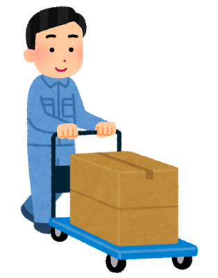 台車を押す人のイラスト(男性作業員・荷物あり)
