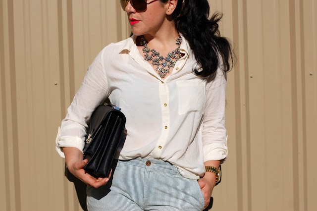 Gap chinos,Forever 21 blouse,J.Crew rhinestone bib necklace,Loeffler Randall Rider bag,Topshop heels and a Michael Kors watch