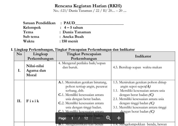 RKH PAUD 45 Tahun Tema Tanaman Kurikulum 2013