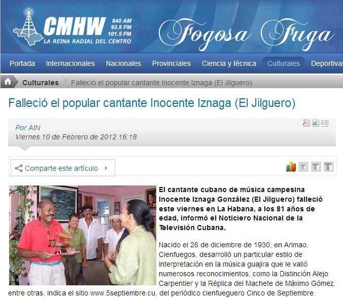 Fogosa Fuga Inocente Iznaga, cantor cubano cognominado El Jilguero de