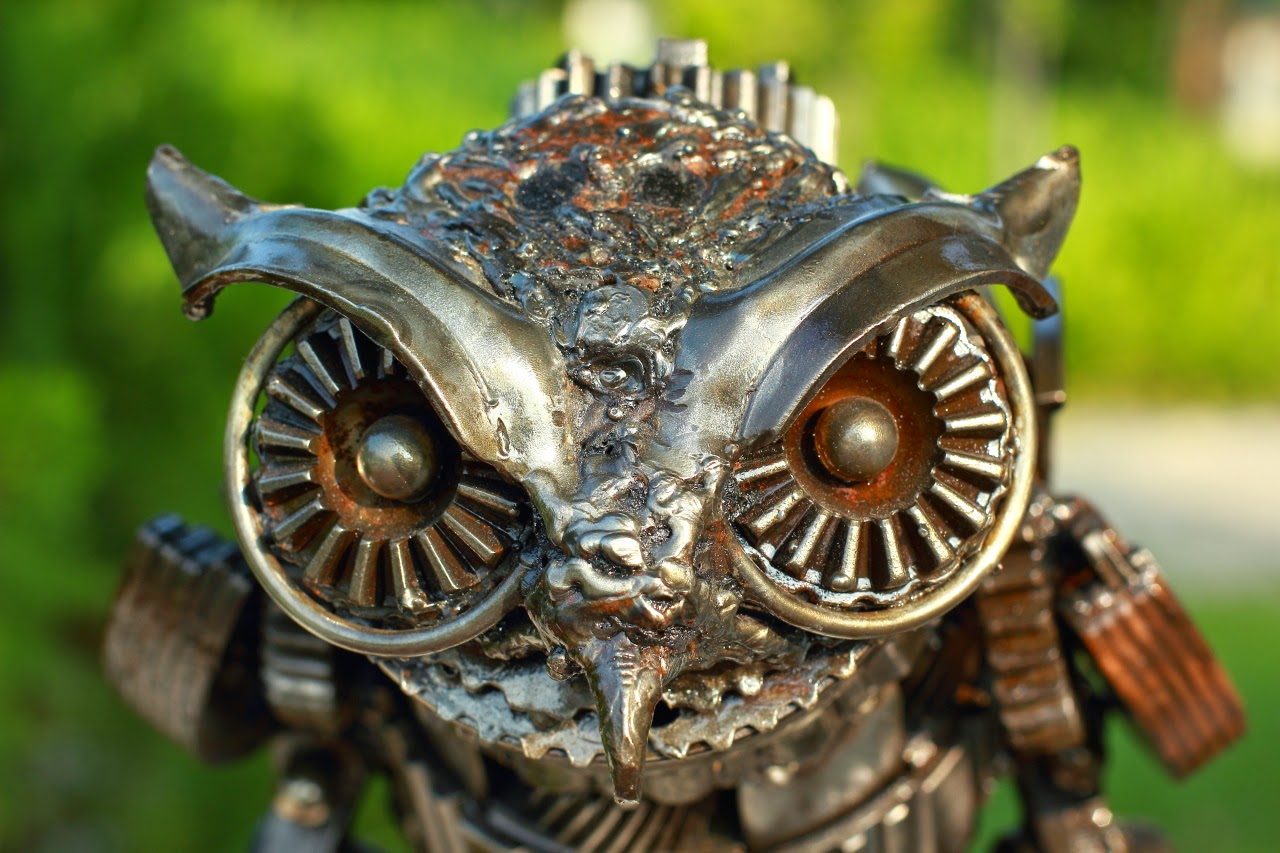 Metal Owl Sculpture Scrap Recycled Steampunk Scrab Mari9art Animal Sculptor Label...