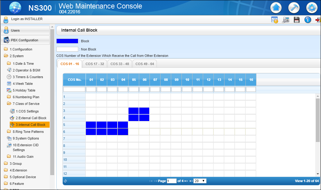 How to configure Externel and Internal call block in panasonic ns300 epabx?