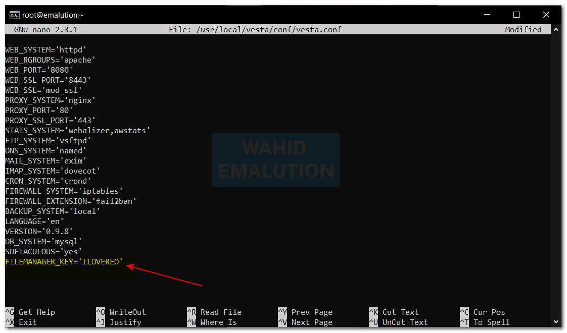 Edit file vesta conf
