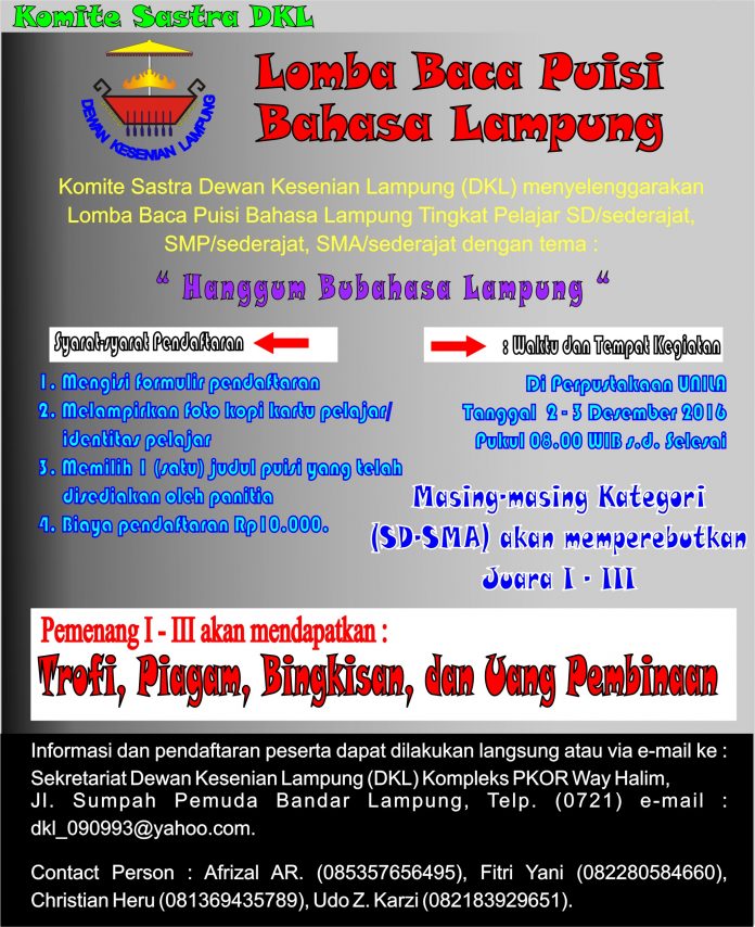 Dewan Kesenian Lampung (DKL) Gelar Lomba Baca Puisi Bahasa