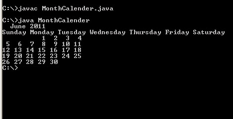 Java program codes: display month calendar in java