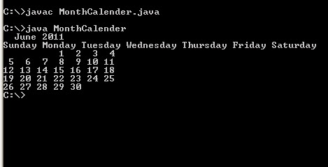 Write a program that prints a one month calendar in java