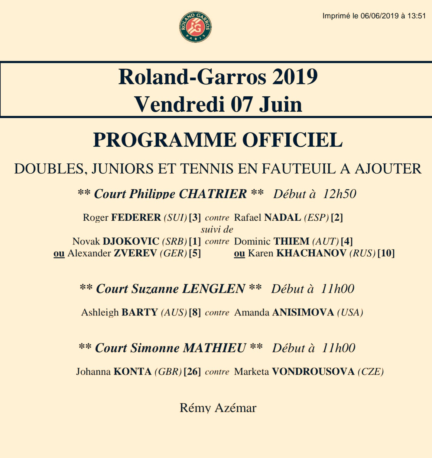 WTA TENNIS COMENTADA POR JAVIER: Order of play, 7 Jun 2019. Roland Garros