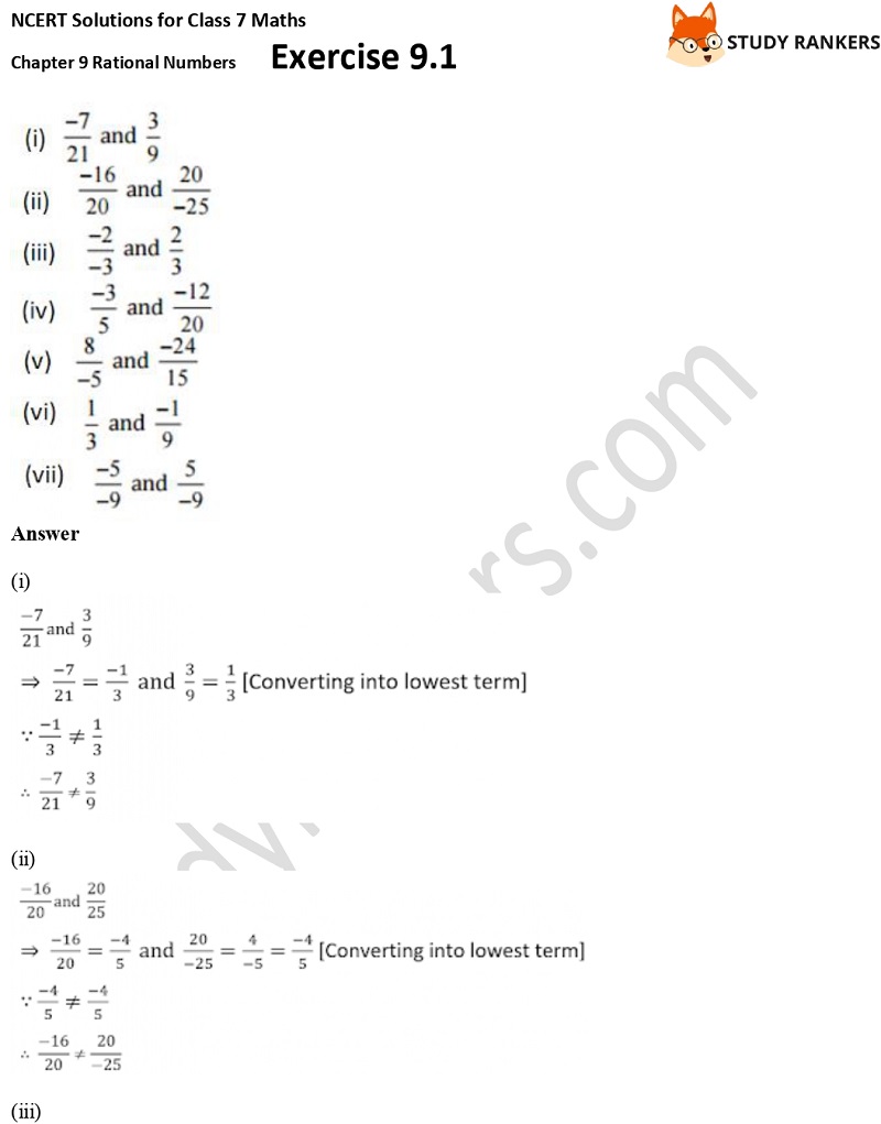 NCERT Solutions for Class 7 Maths Ch 9 Rational Numbers Exercise 9.1 5