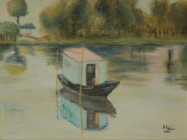 l'atelier galleggiante - il battello studio di Claude Monet - olio su tavola telata