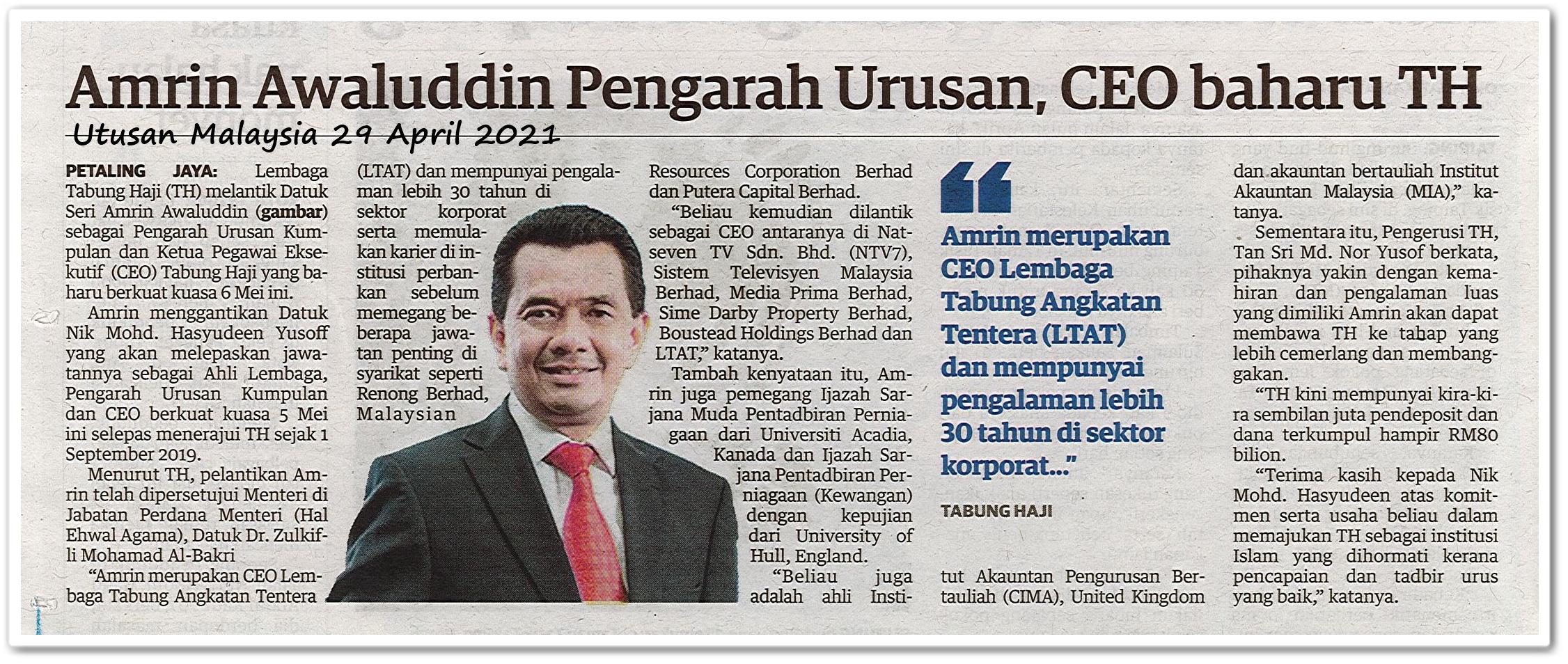 Amrin Awaluddin Pengarah Urusan, CEO baharu TH - Keratan akhbar Utusan Malaysia 29 April 2021