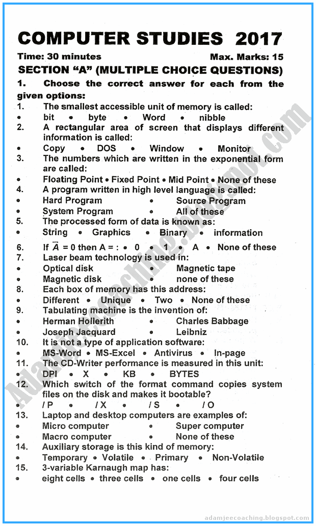 Adamjee Coaching IX Computer Studies Past Year Paper 2017