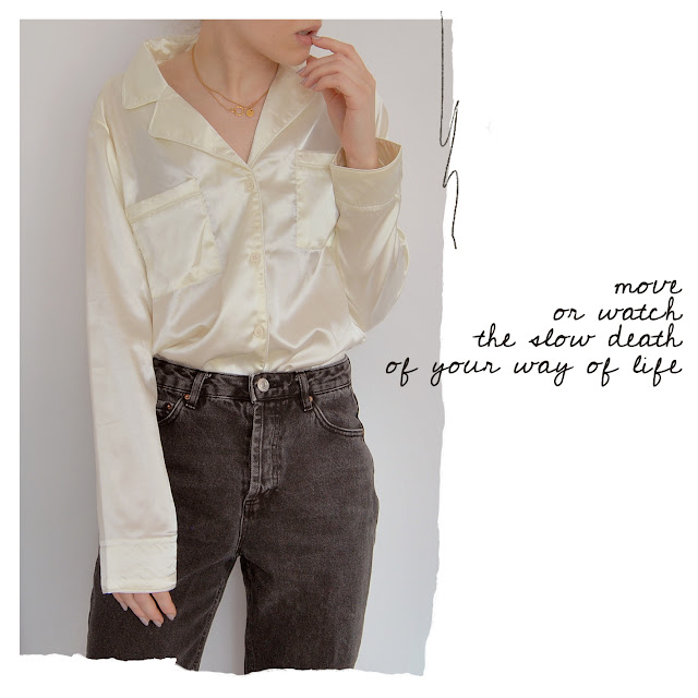 satin shirt and jeans