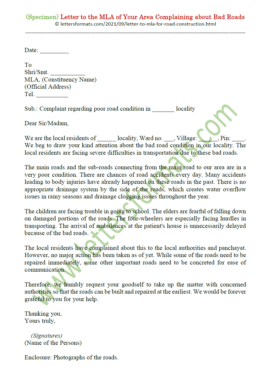sample letter of request for road improvement