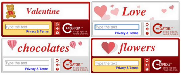 Screen shot of CAPTCHAs reading Valentine, love, chocolate, and flowers