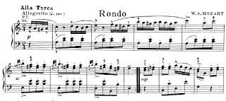 Imagen con un fragmento de la partitura del tercer movimiento Rondo Alla Turca, Allegretto, comúnmente conocido como La Marcha Turca