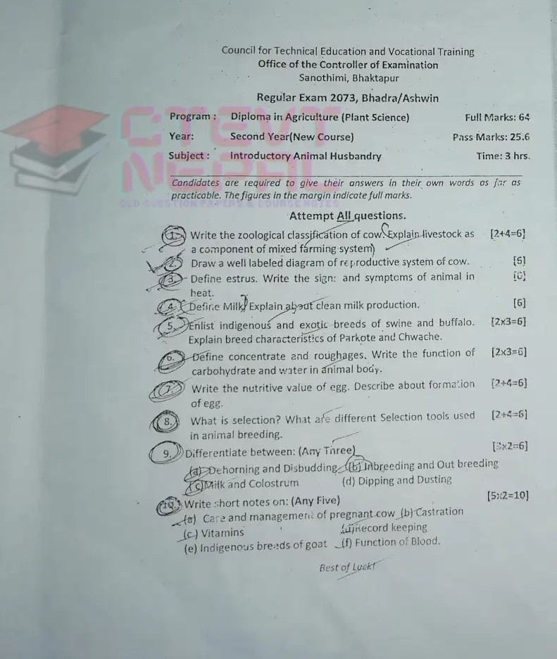 Introductory Animal Husbandry 2nd Year Question Papers CTEVT