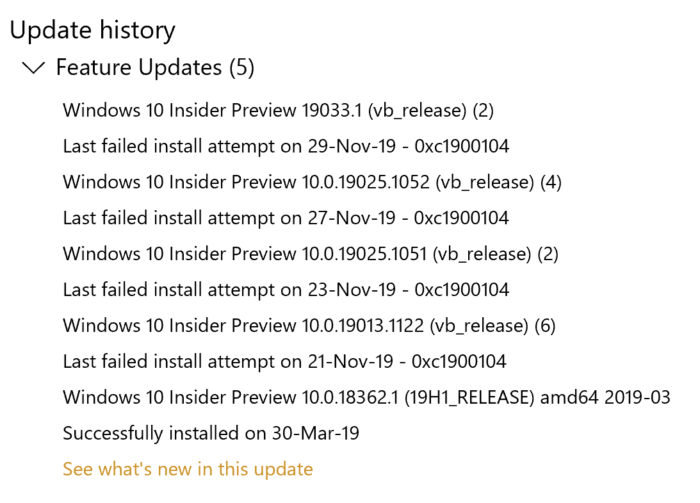 Errore di aggiornamento di Windows 0xc1900104