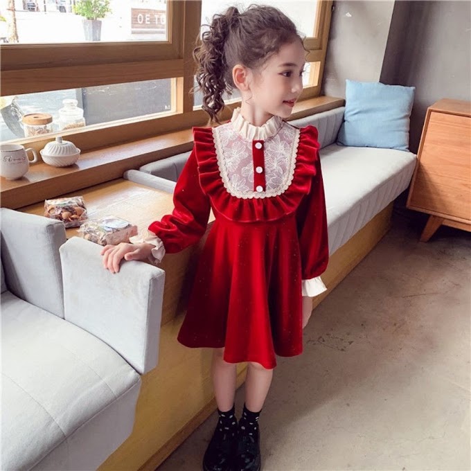 Váy bé gái 2021 kiểu mới công chúa phương Tây Cô Hàn Quốc Năm ren nhung đỏ phong cách mùa xuân
