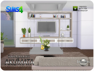 Akumata living room Akumata гостиная для The Sims 4 чистые линии и современная структура. и некоторые элементы на тему Африки. Но не доводить до крайности. Всего несколько касаний здесь и там. 1 диван в 3 цветах. 1 структура дивана в 3 цветах. 1 журнальный столик подвесной 3 цвета и металл. 1 подушки деко диван единый цвет африка тема. 1table горшок растение Африка тема. Вторая и различная тема Африки бака завода завода таблицы. 1 структура стены разная поверхность в 3 цветах. 1 слойка, но стол тоже в 3 цветах и ​​металле. 1 проигрыватель DvD Blue Ray, просто деко 1 черная и 1 металлическая текстура, чтобы создать аутентичную и современную сторону. Автор: jomsims