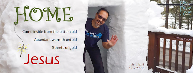 Man standing and waving from the doorway of a large igloo. Text in photo reads: HOME. Come inside from the bitter cold, abundant warmth untold, streets of gold. JESUS.