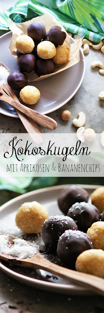  Fruchtige Kokoskugeln mit Bananenchips und Aprikosen