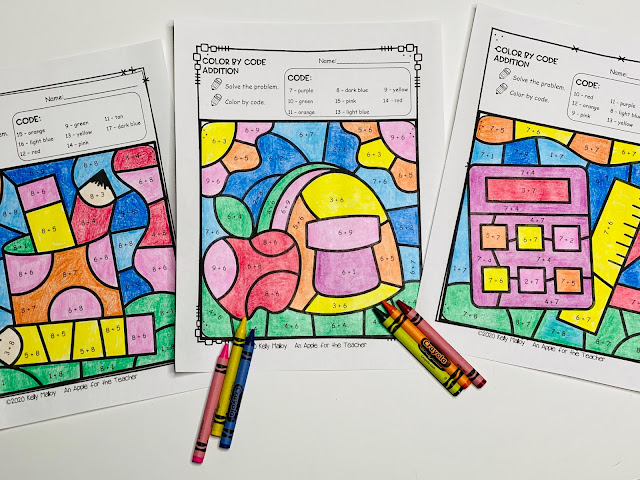 Color by Number Addition Facts School Supply Themed Set of three