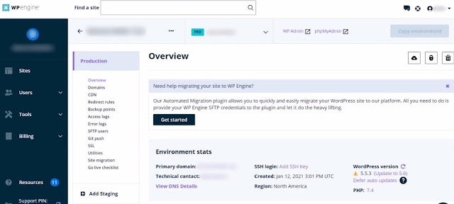 wp engine dashboard look