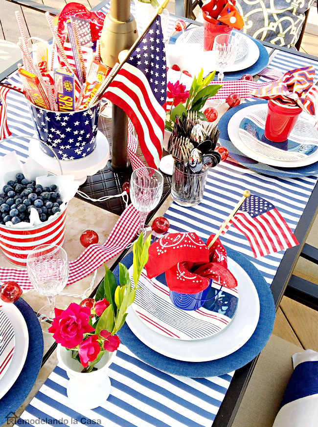 red, white and blue tablescape