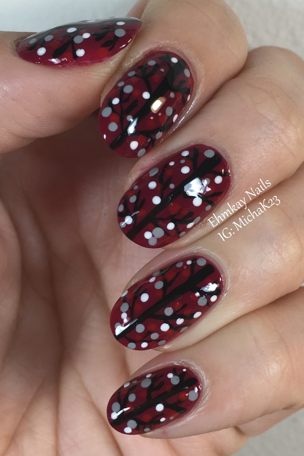 ehmkay nails Winter Berries Nail Art with Leighton Denny Pillow Talk