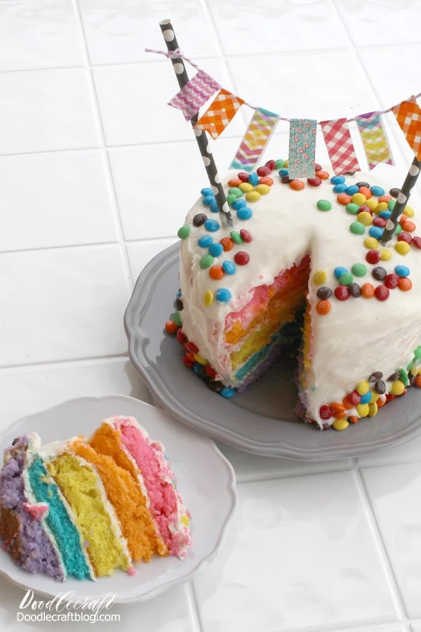 Make the perfect rainbow layered cake with an adorable washi tape bunting topper. This simple DIY is perfect for the centerpiece of a party or holiday. One box cake mix is all that is needed for this 5 layer rainbow cake!