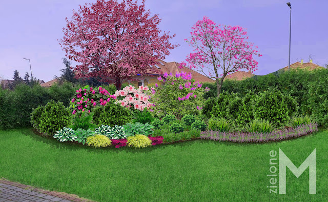 Wizualizacja małego kolorowego ogrodu wiosną