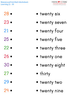 Mama Love Print K3工作紙 - 11 - 20 和 21 - 30 練寫工作紙 Eleven to Twenty and Twenty One to Thirty Copybook Math Worksheet Free Download