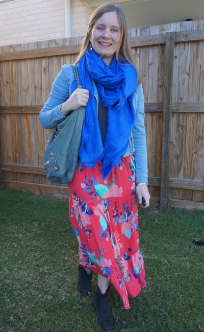 Away From Blue  Aussie Mum Style, Away From The Blue Jeans Rut: Printed  Maxi Dresses With Colourful Scarves, Denim Jackets and Balenciaga Bags