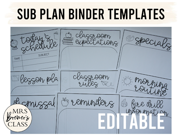 Editable sub plans binder templates! This pack includes 24 editable templates to use when you are away and need a sub. Lots of pages are included, to ensure that your sub is fully informed about school procedures, your classroom, emergency situations, and what to cover while you are away. #subplans #subbinder #bindertemplates #teaching #teacherhelpers #teachingideas #backtoschool #classroom