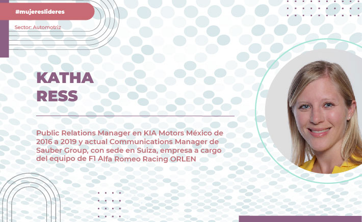 Katha Ress, Public Relations Manager en KIA Motors México de 2016 a 2019 y actual Communications Manager de Sauber Group, con sede en Suiza, empresa a cargo del equipo de F1 Alfa Romeo Racing ORLEN. (Foto: Cortesía)