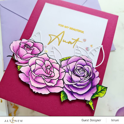 Altenew Rose stamp. Altenew Rosa Floribunda, Pain a flower stamp set, Card for Aunt, Coloring Roses with Copics, Cards by Ishani, Quillish, Elegant Rose card