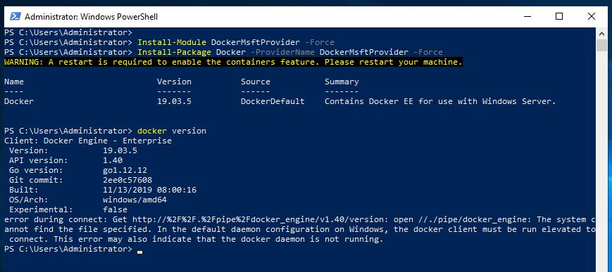 Azure technical blog installing docker ce on windows server 2019 1809 sac