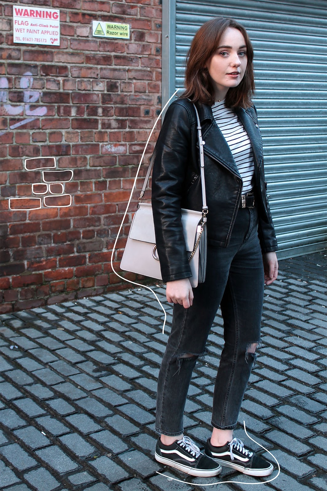 Liverpool blogger in topshop leather jacket, striped top, chloe faye bag, asos farleigh jeans and old skool vans