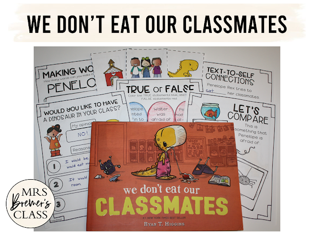 We Don't Eat Our Classmates book study activities unit with Common Core aligned literacy companion activities, class book & craftivity for Kindergarten & First Grade