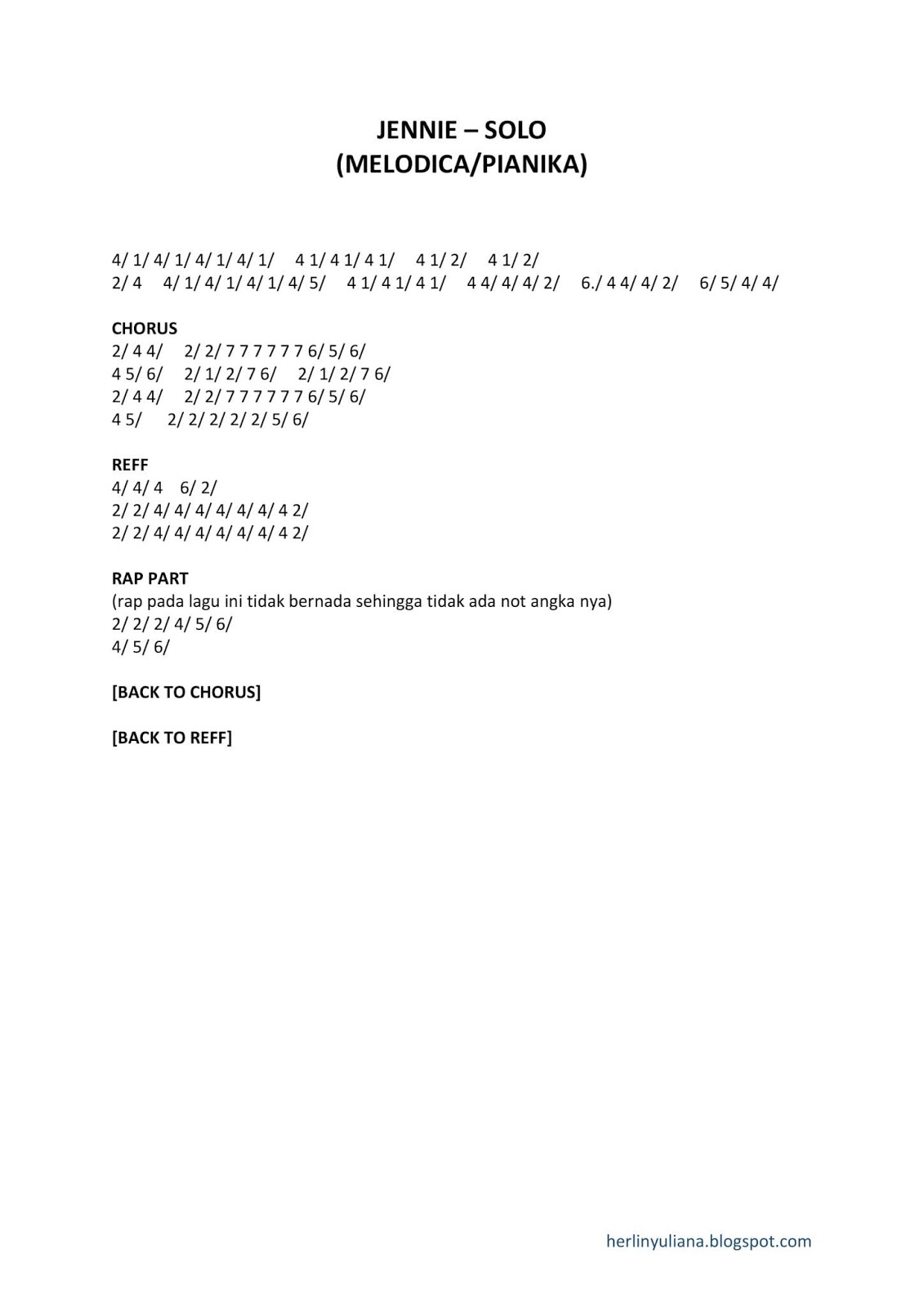 Not Angka Lagu Jennie Solo Kumpulan Not Lagu