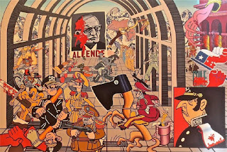 ERRÓ (NÉ EN 1932), ALLENDE TOPINO LEBRUN, 1974, HUILE SUR TOILE, 220X330CM CETTE ŒUVRE DU PEINTRE ISLANDAIS ERRÓ S’INSCRIT DANS LE RENOUVEAU DE LA PEINTURE HISTORIQUE. ELLE A POUR SUJET LE COUP D’ÉTAT MILITAIRE DONT FUT VICTIME LE PRÉSIDENT SOCIALISTE DU CHILI, SALVADOR ALLENDE (1908-1973), LA MISE EN PLACE DE LA DICTATURE DU GÉNÉRAL AUGUSTO PINOCHET (1915-2006), SOUTENUE PAR LES ÉTATS-UNIS. ERRÓ S’APPUIE SUR DEUX ŒUVRES CLASSIQUES, LA MORT DE CAÏUS GRACCHUS BABEUF, DE TOPINO LEBRUN (1797), DONT IL REPREND LA HACHE ET LE POIGNARD, ET UNE DES PERSPECTIVES RÉALISÉES PAR HANS VREDEMAN DE VRIES (1527-1606 ENVIRON), DONT LES ARCHES, AU SECOND PLAN, STRUCTURENT LA COMPOSITION. TOUTEFOIS, IL S’INSPIRE SURTOUT D’IMAGES MODERNES FORTEMENT ANCRÉES DANS LE QUOTIDIEN, ISSUES DE LA BANDE DESSINÉE, DES CARICATURES DE PRESSE ET DES AFFICHES DE PROPAGANDE POLITIQUE.
