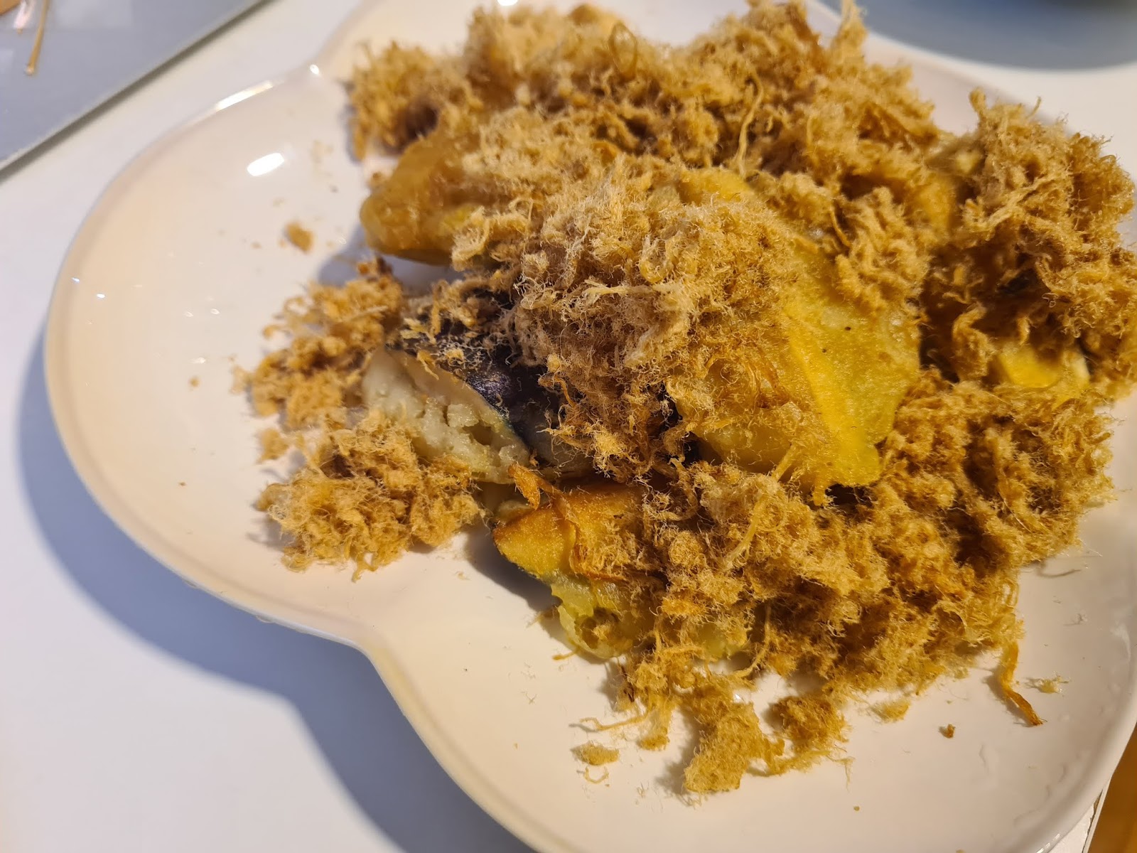 Deep fried egg plant with pork floss