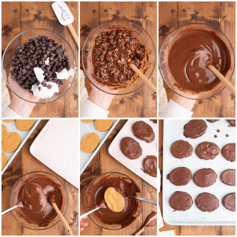 Six photos of how to make the chocolate coating, and how to dip the peanut butter eggs, to make Keto Peanut Butter Chocolate Easter Eggs.